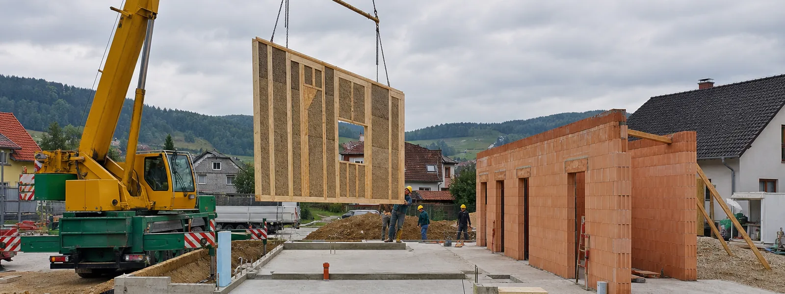 Kran hebt ein vorgefertigtes Holzriegel-Wandelement auf eine Bodenplatte, daneben eine gemauerte Ziegelwand