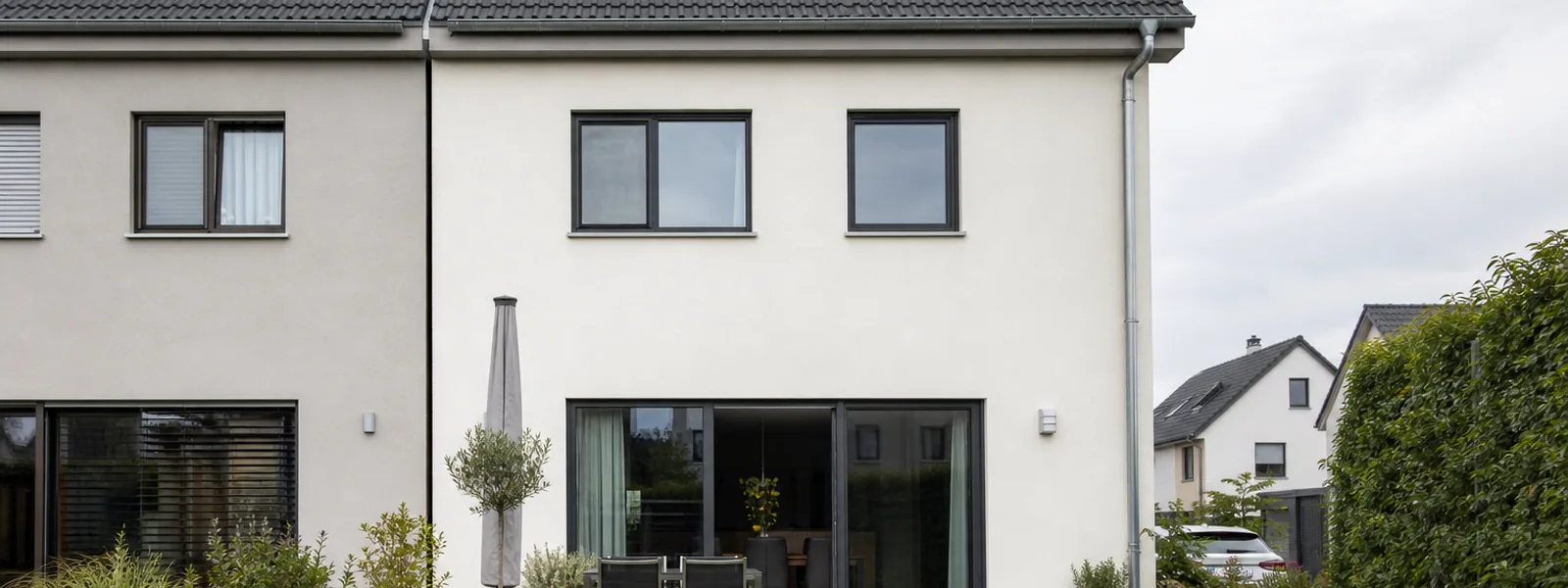 Doppelhaushälfte von der Gartenseite, das Nachbarhaus schließt unmittelbar an