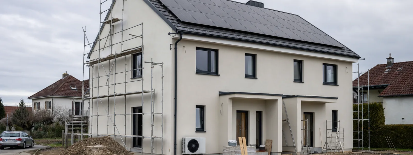 Fast fertiges Doppelhaus mit Photovoltaik auf dem Dach und einer Wärmepumpe an der Außenwand