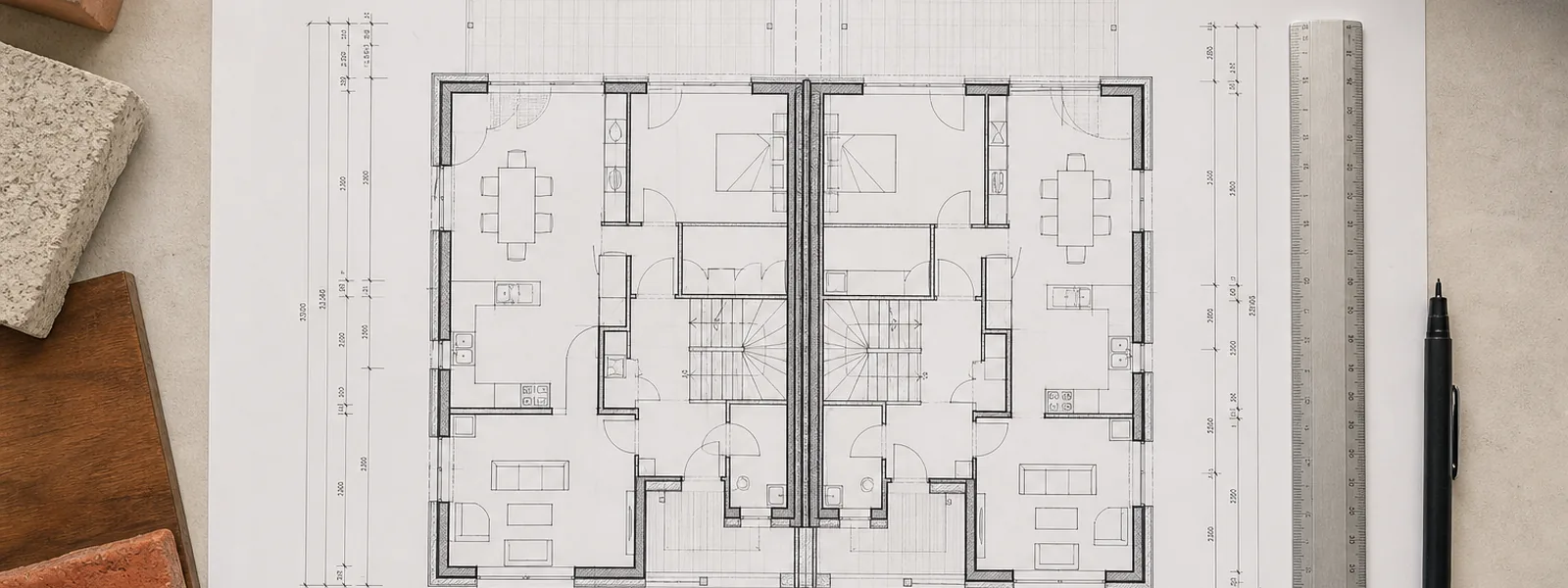 Architektur-Grundrissplan eines Doppelhauses mit zwei spiegelgleichen Wohnungen