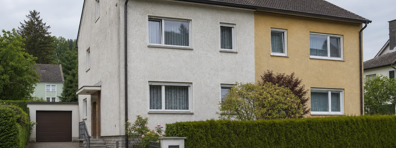 Ältere Doppelhaushälfte von der Straßenseite, die angebaute Nachbarhälfte in abweichender Farbe
