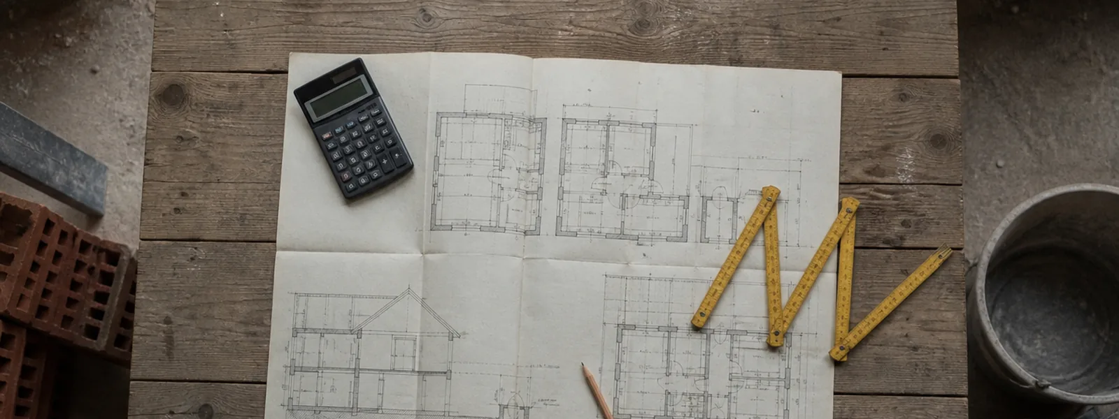 Bauplan mit Taschenrechner und Zollstock auf einem Arbeitstisch