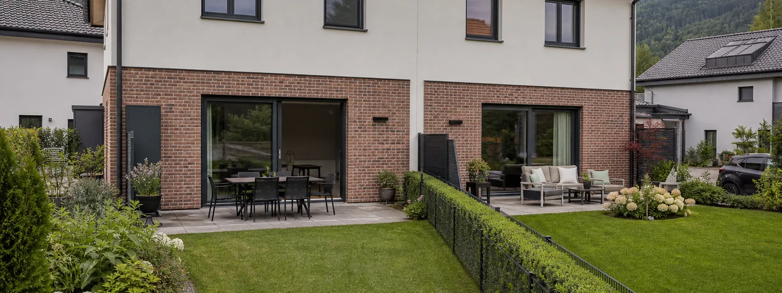 Gartenseite eines Doppelhauses mit zwei Terrassen, getrennt durch eine niedrige Hecke und einen Zaun