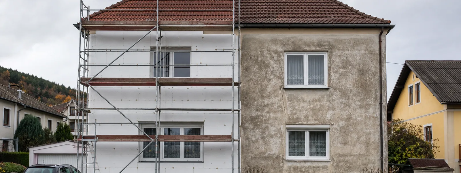 Doppelhaus, bei dem nur die linke Hälfte eingerüstet und mit Fassadendämmplatten versehen ist