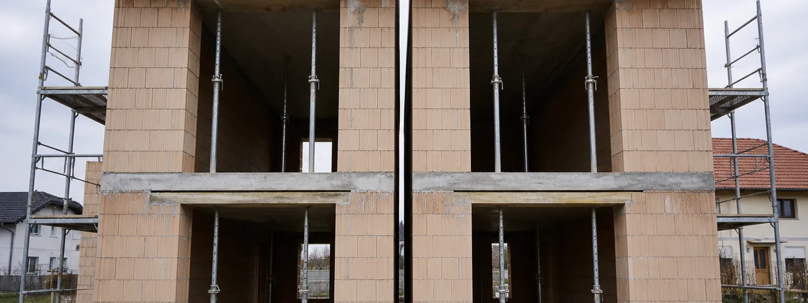 Rohbau eines Doppelhauses mit zweischaliger Haustrennwand und sichtbarer Trennfuge