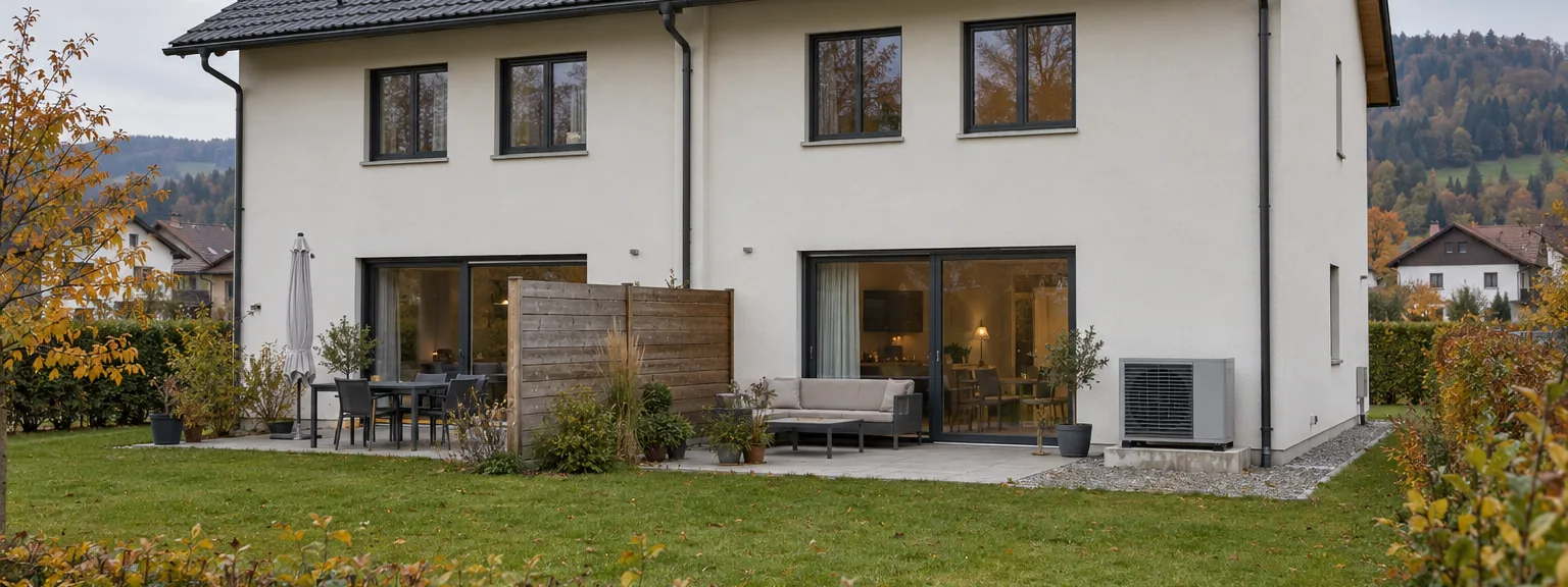 Gartenseite eines Doppelhauses mit Sichtschutzwand zwischen den Terrassen und der Außeneinheit einer Luftwärmepumpe auf eigenem Sockel